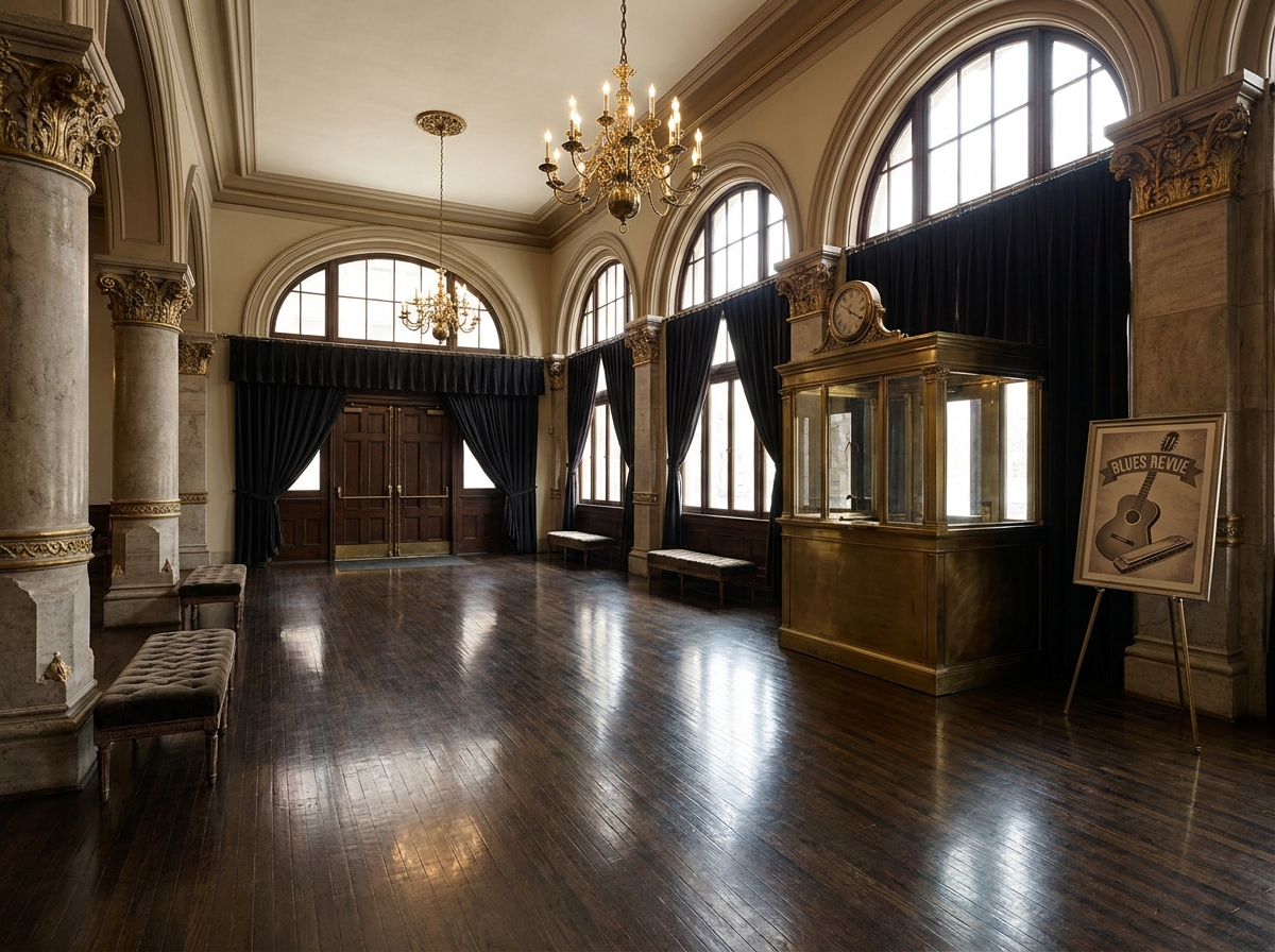 The empty, ornate lobby of a music hall before a blues event.