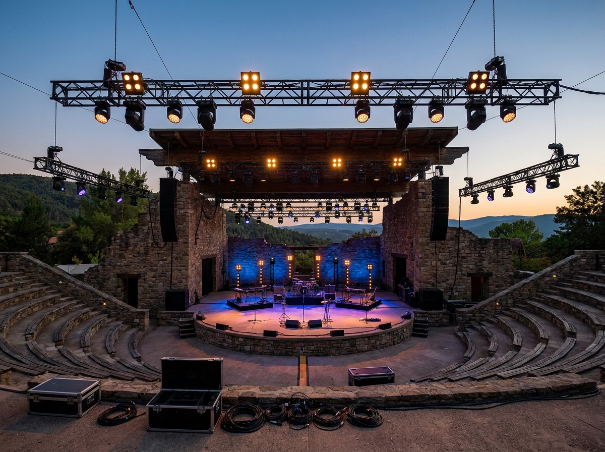 An empty, professionally lit stage at an outdoor amphitheater awaiting a blues concert.