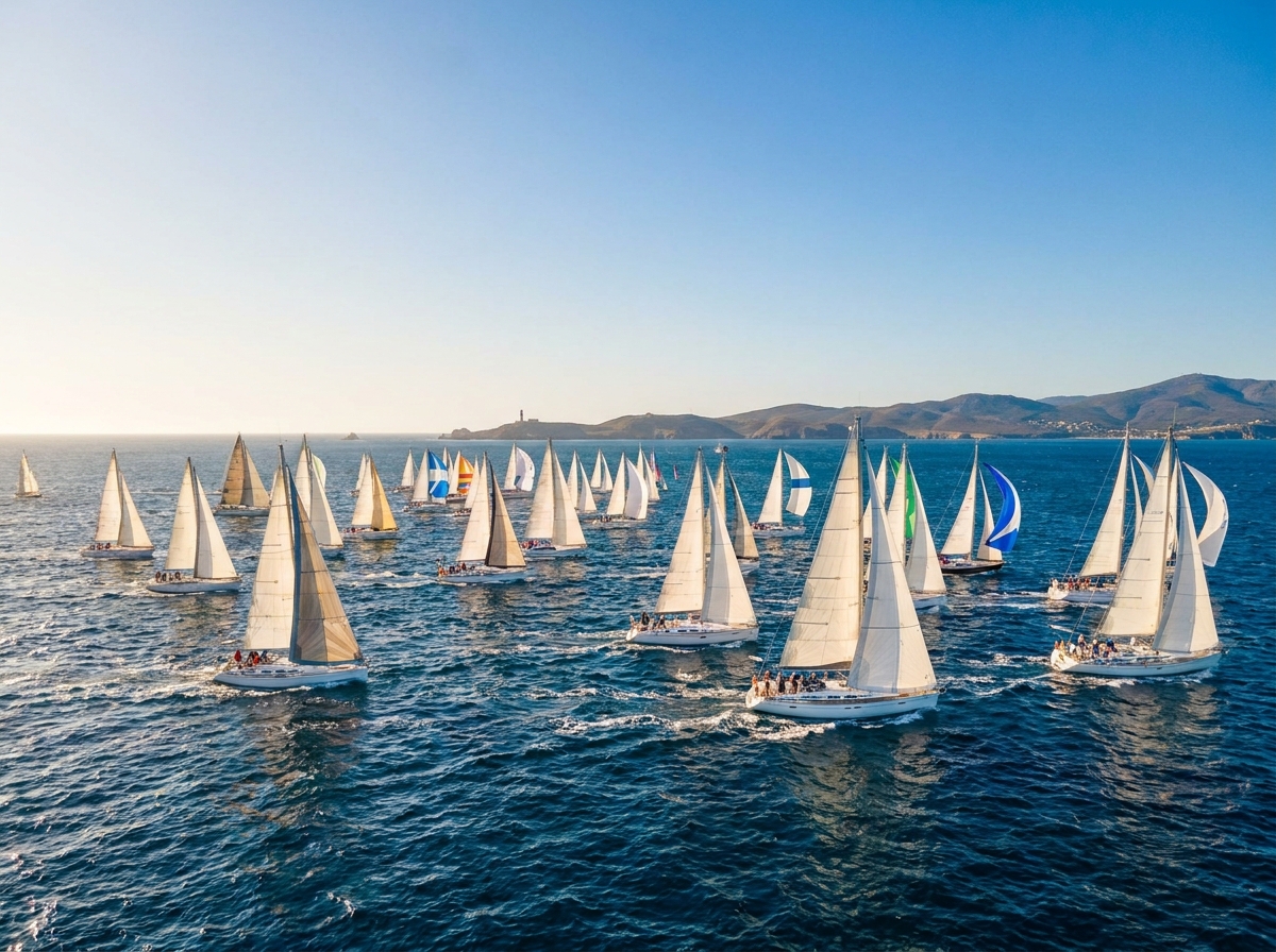 Aerial view of a sailboat regatta, showcasing a key type of boat event.