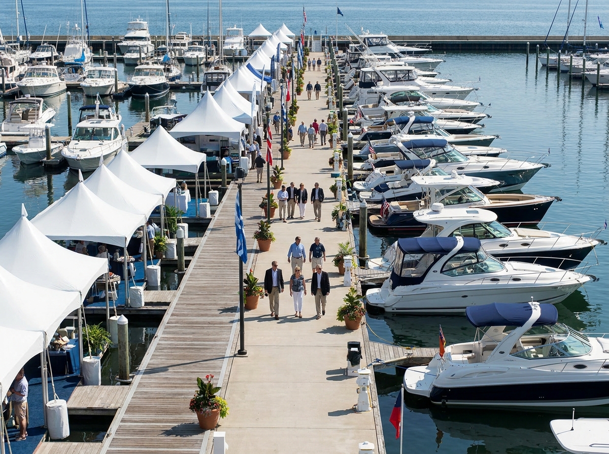 An empty, organized pier at a marina, ready for a boat event.