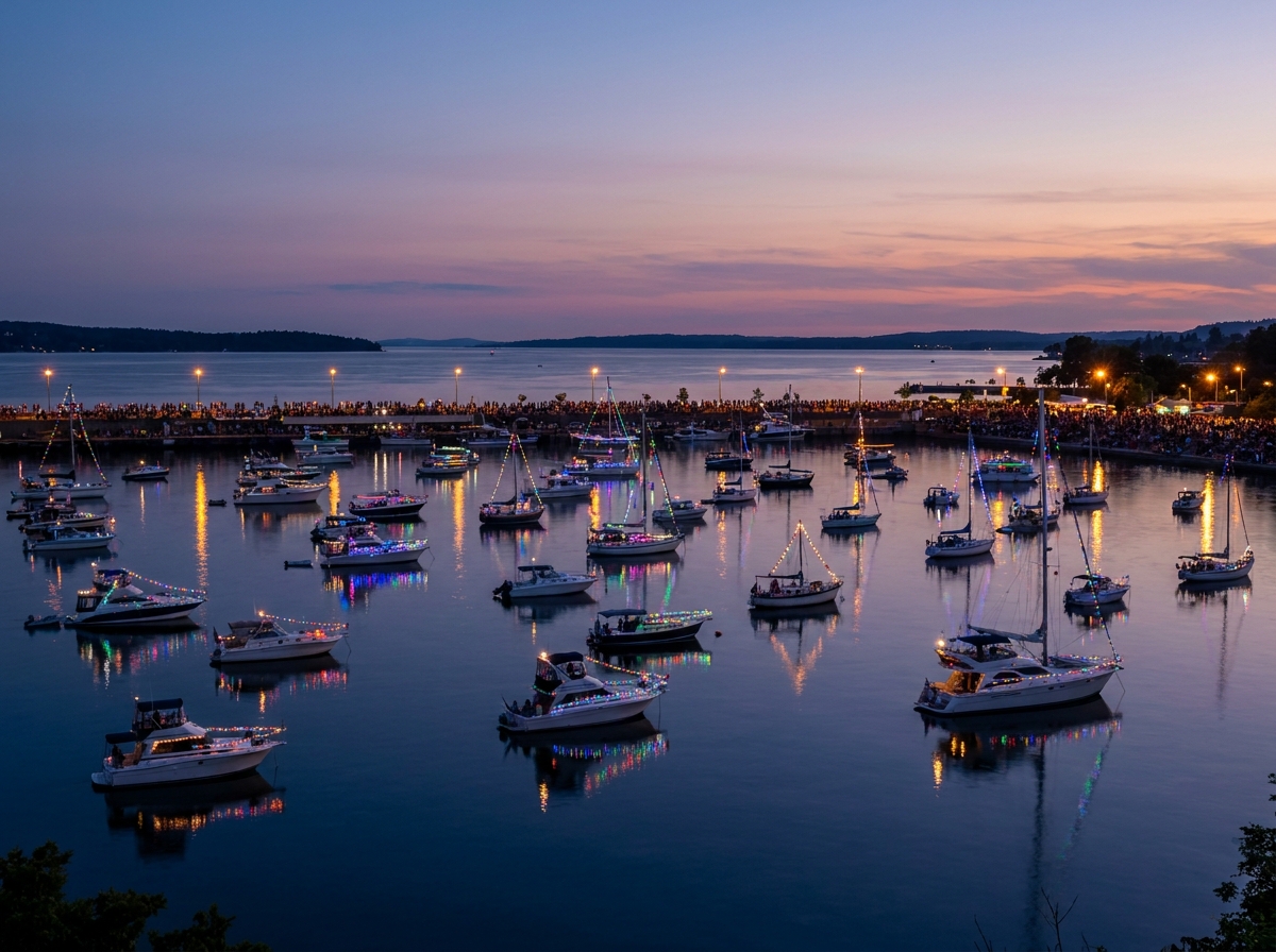 A beautiful boat parade at dusk, highlighting a popular type of boat event.