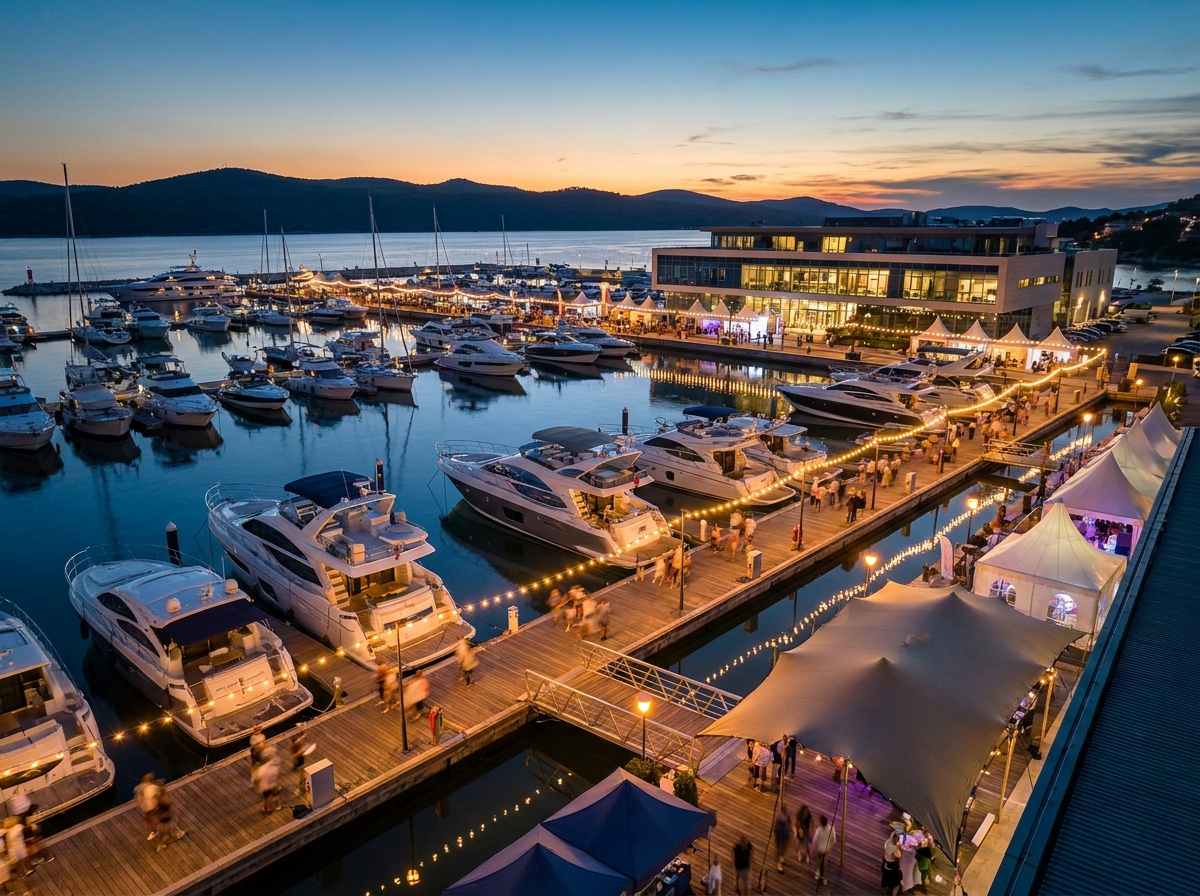 A busy marina at dusk, the starting point for a boat event.