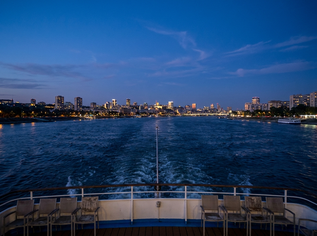 City skyline at twilight seen from the deck of a river cruise.