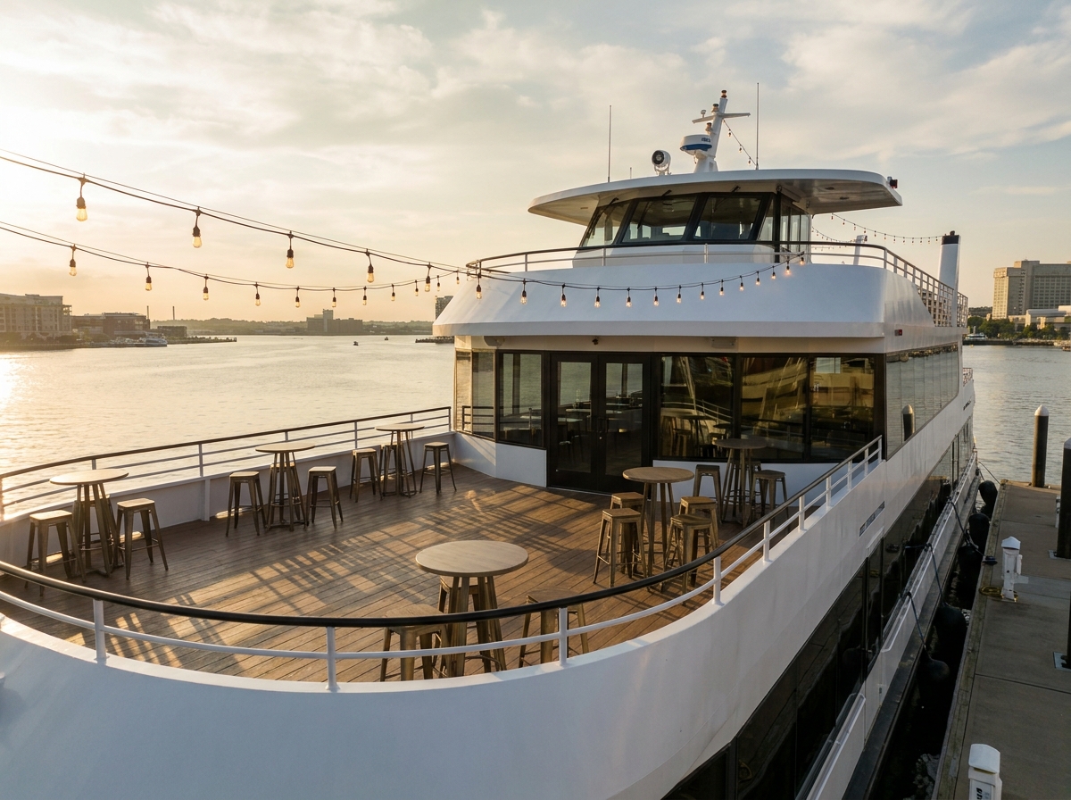The prepared upper deck of a boat, set up for a boat party.