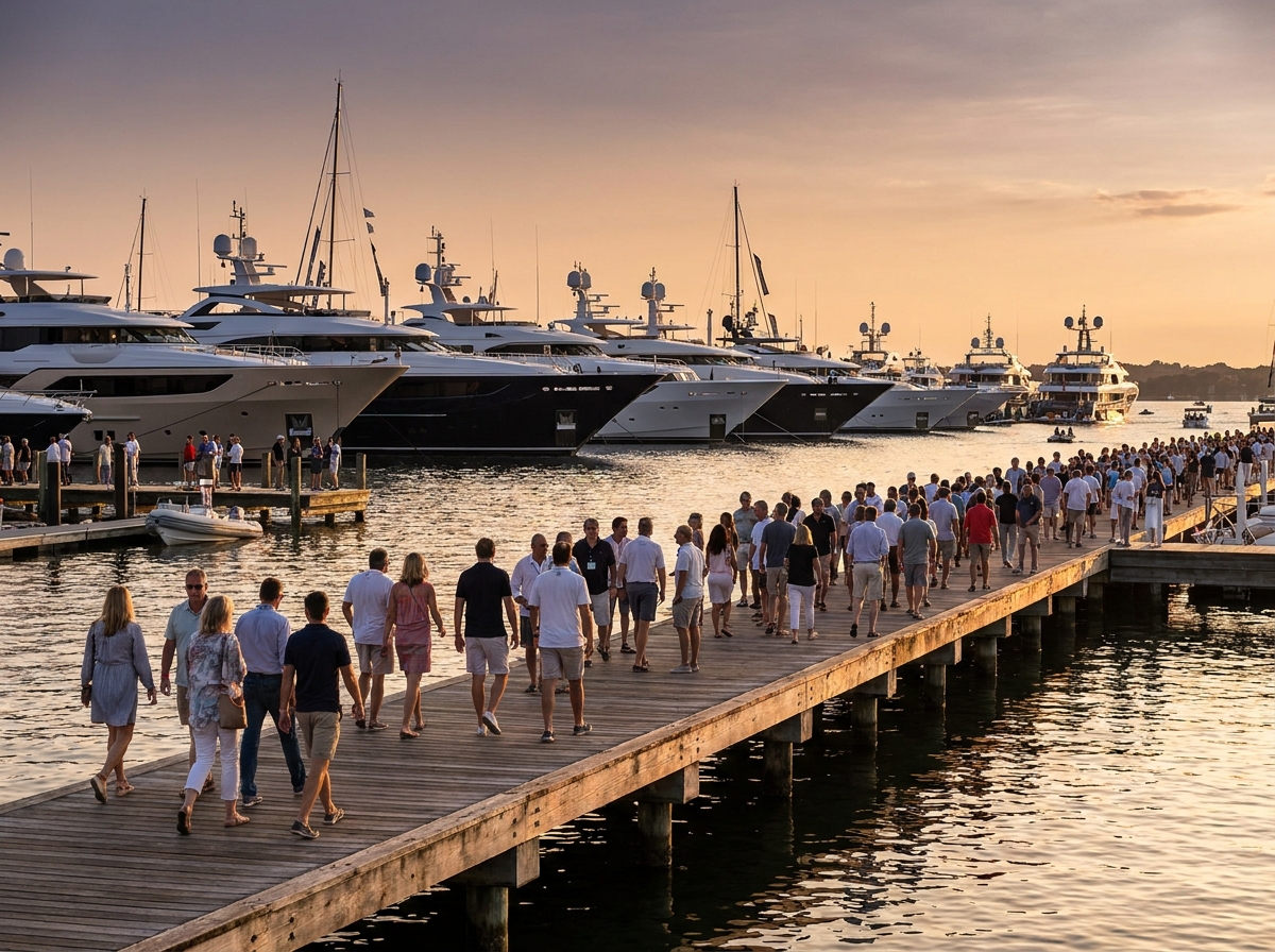 A crowd of people admiring large yachts docked at a sunny boat show.
