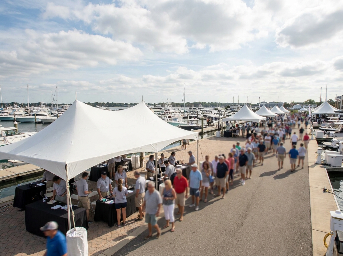 The entrance area of a large boat show, prepared for attendee check-in.