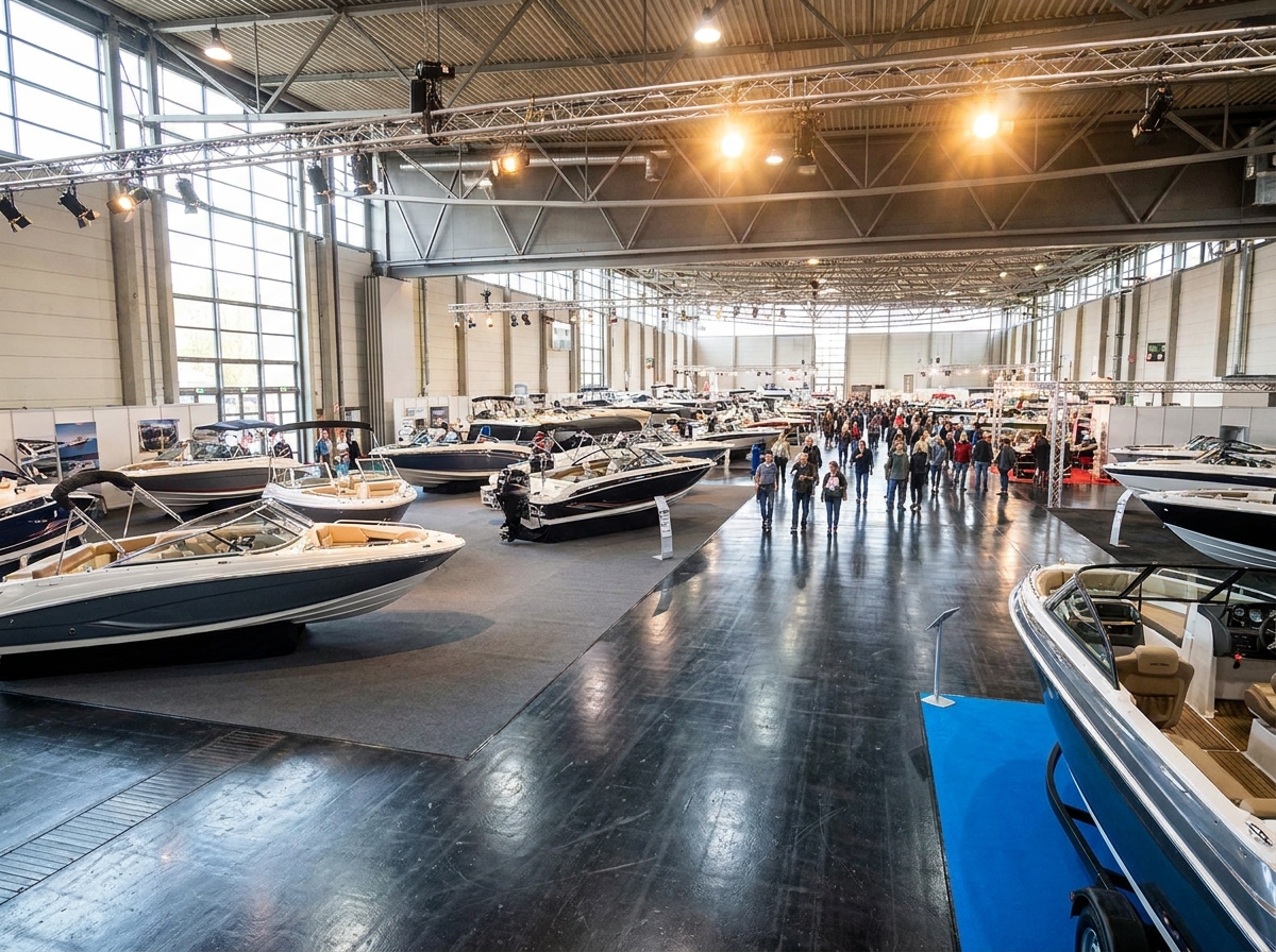 An indoor boat show with various boats on display inside an exhibition hall.