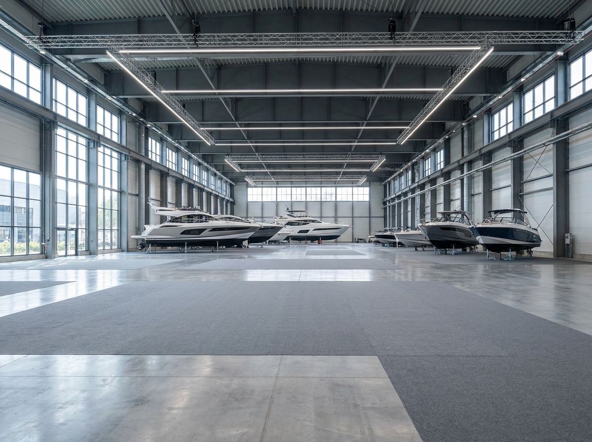 An empty exhibition hall prepared for an indoor boat show, with several boats on display.