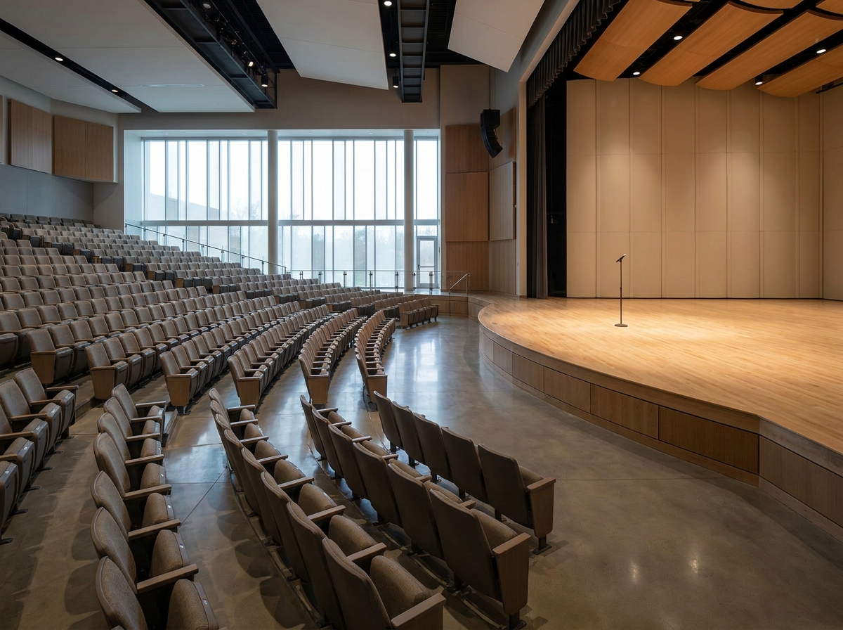 An empty theater in Boise set up for a comedy event.