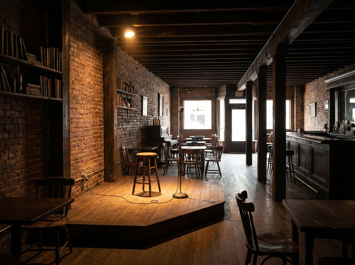 A corner stage in a Boise bar prepared for a comedy night.
