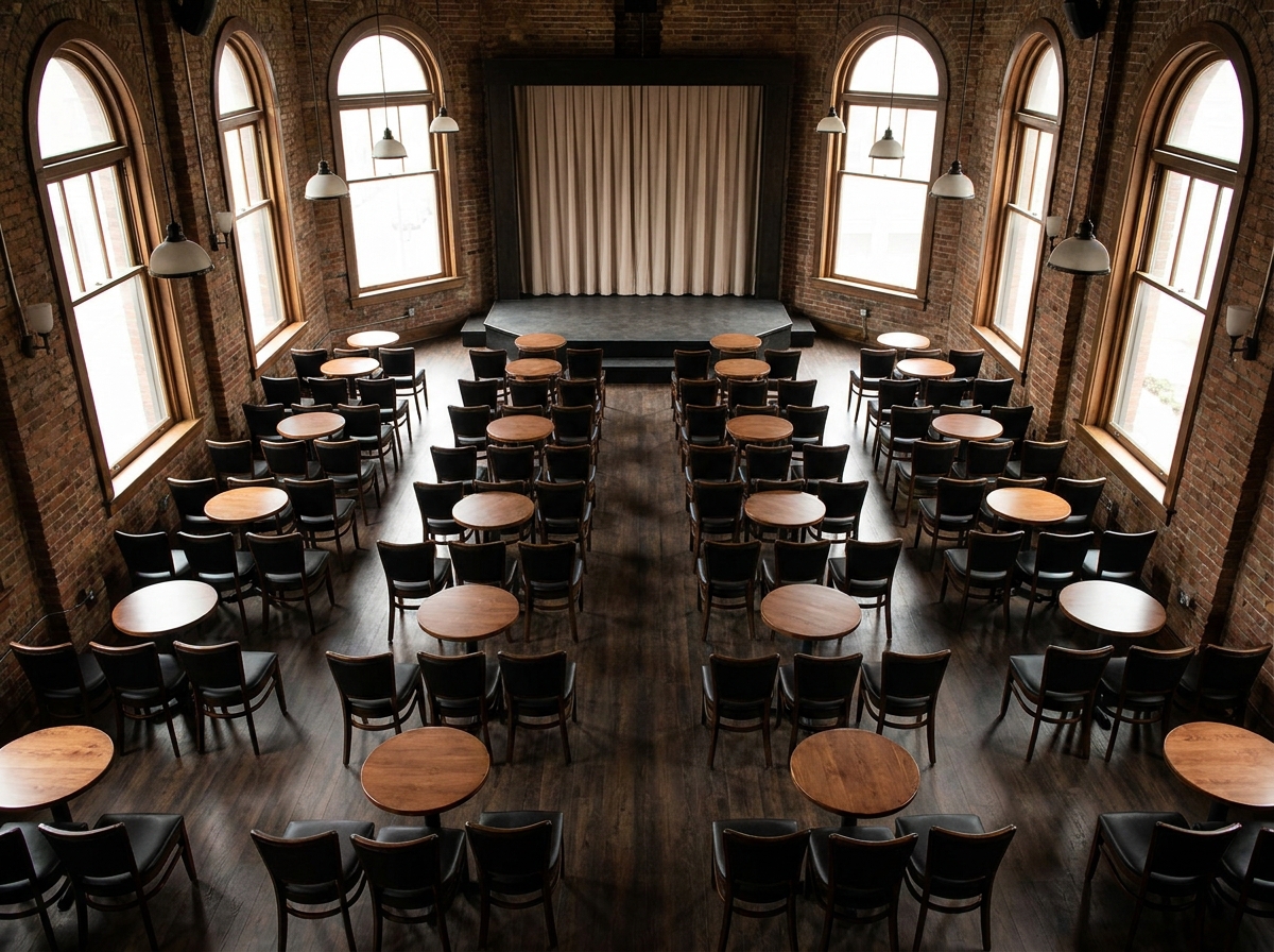 An empty cabaret venue in Boise ready for a comedy performance.