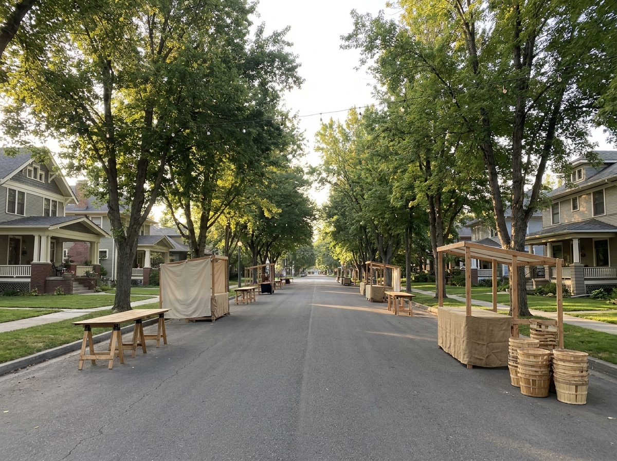 A historic, tree-lined street in Boise's North End set for a community event.