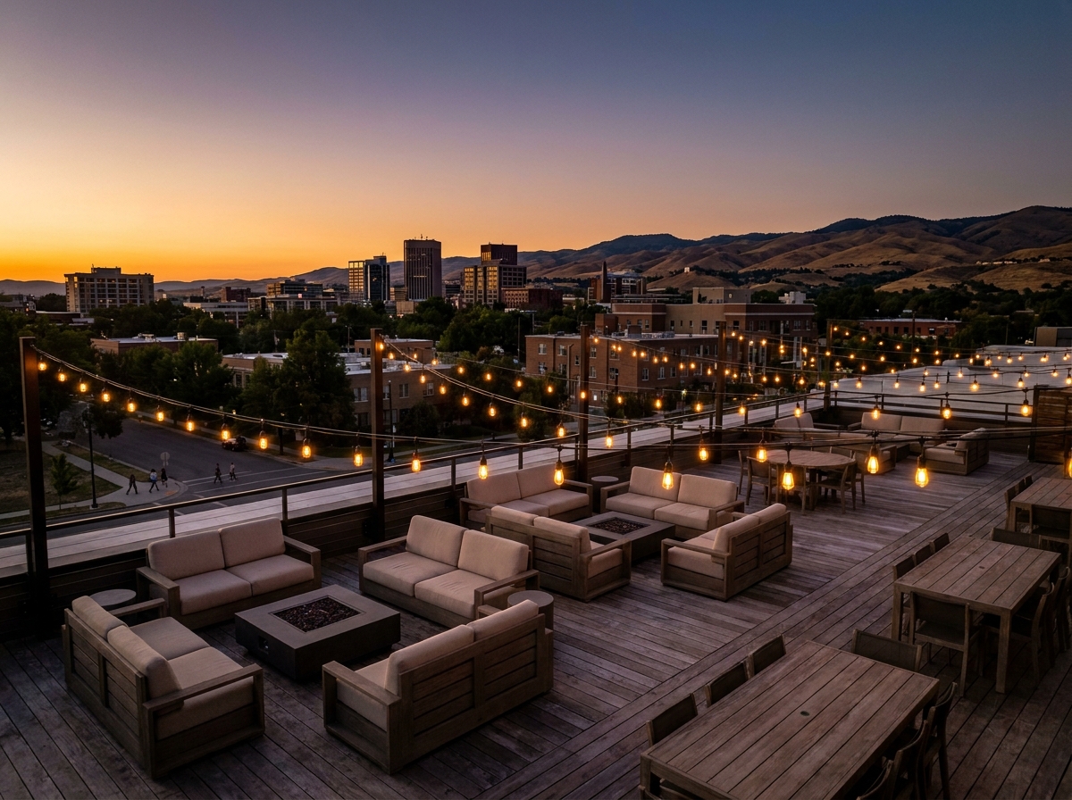 A rooftop patio in Boise set for an evening event.