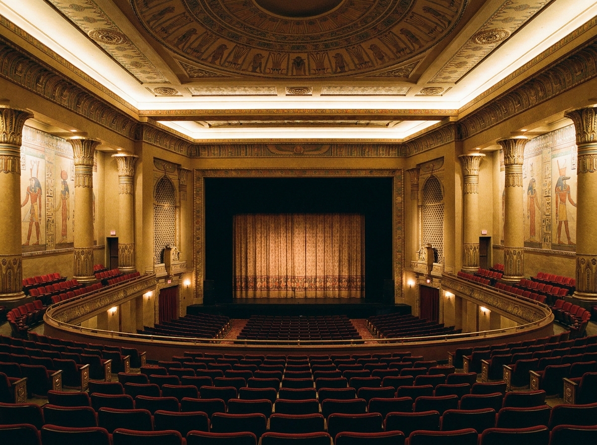 An empty, historic theater auditorium, ready for a performance.