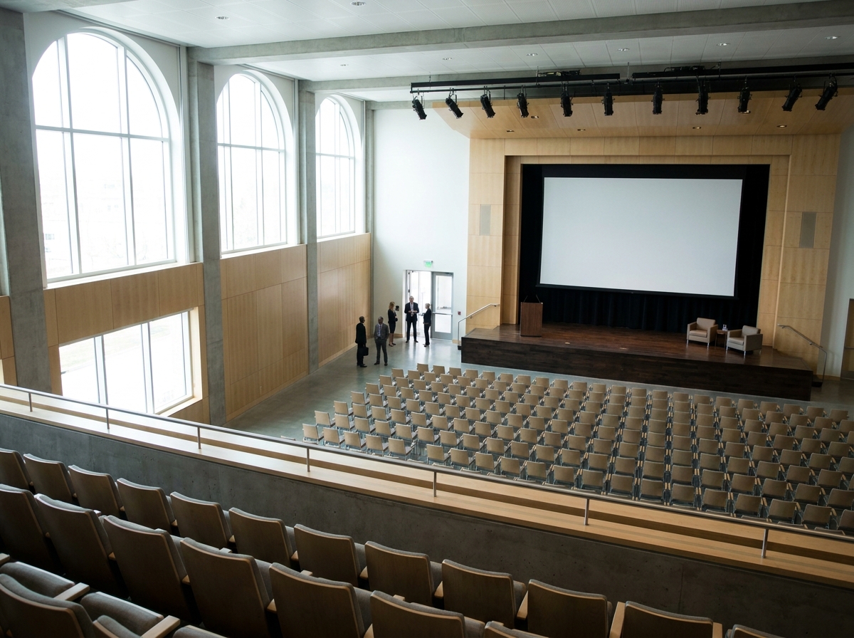An empty auditorium prepared for a professional event in Boise.