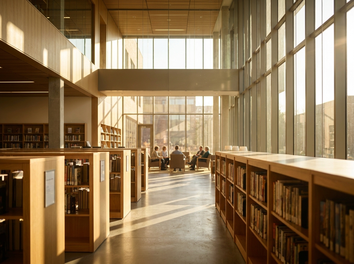 A quiet reading area in a modern library, a potential venue for a books event.