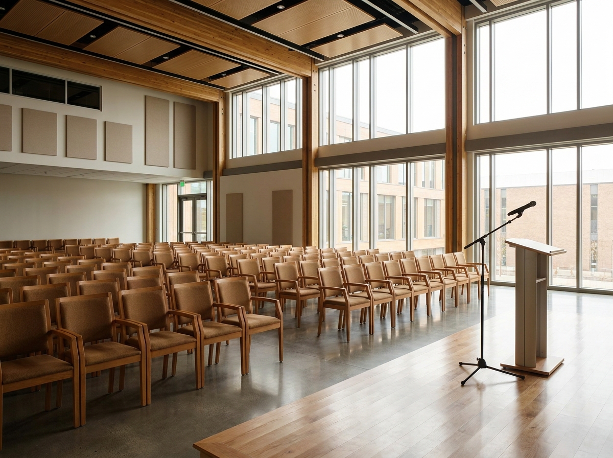 An empty event space with rows of chairs prepared for a books event registration and check-in.