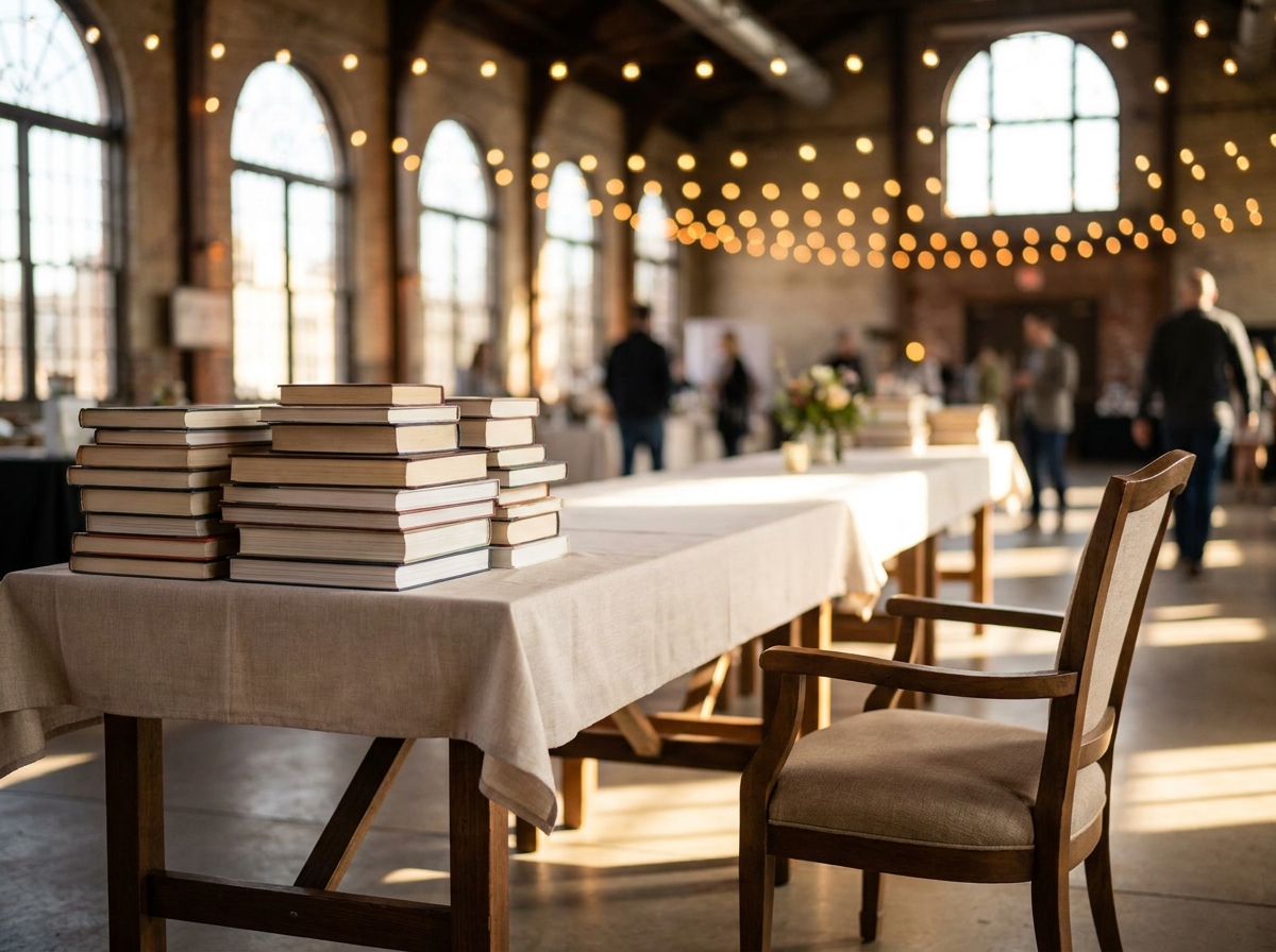 A table prepared for an author book signing at a literary event.