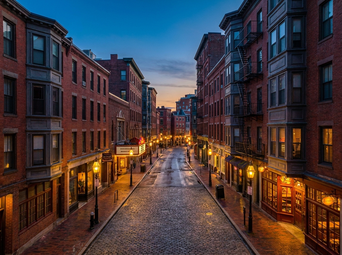 A historic street in Boston at twilight, home to many comedy venues.