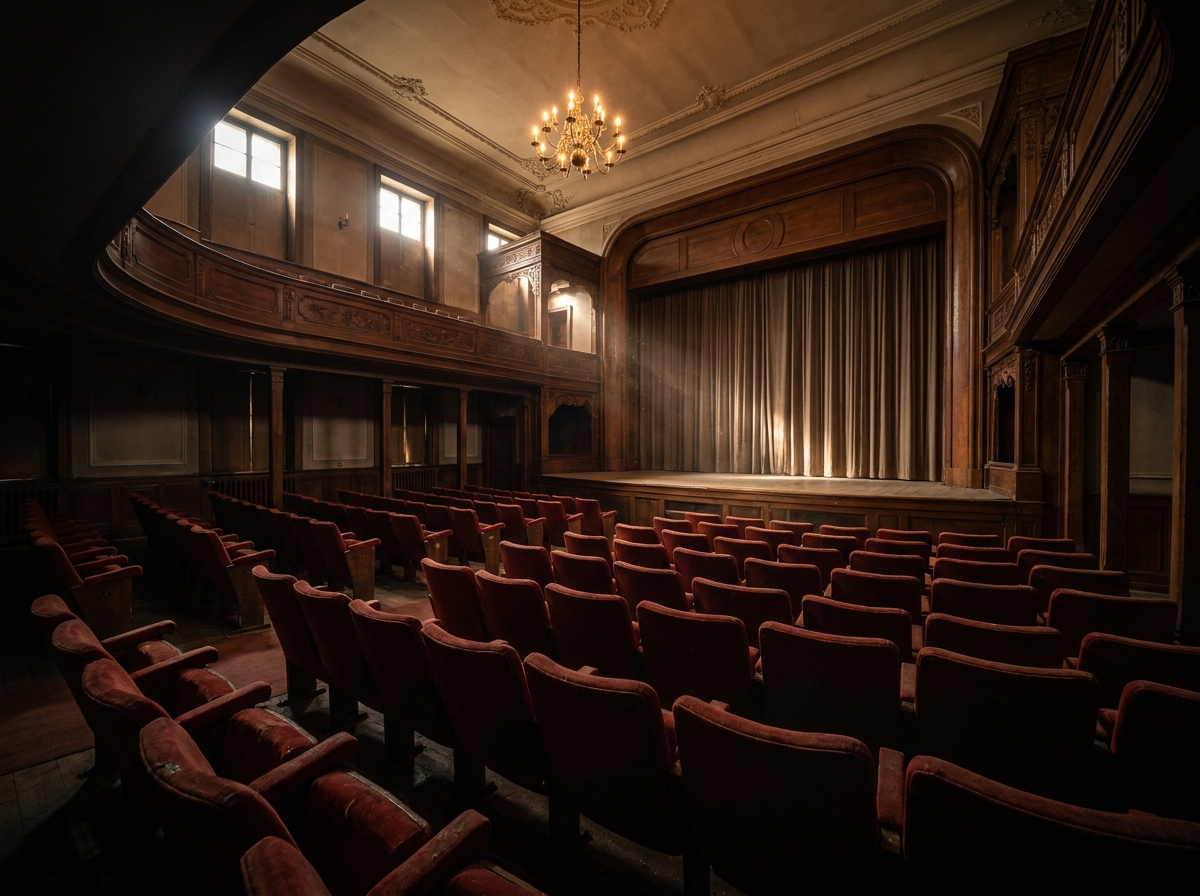 Empty seats in a classic Boston theater before a comedy performance.