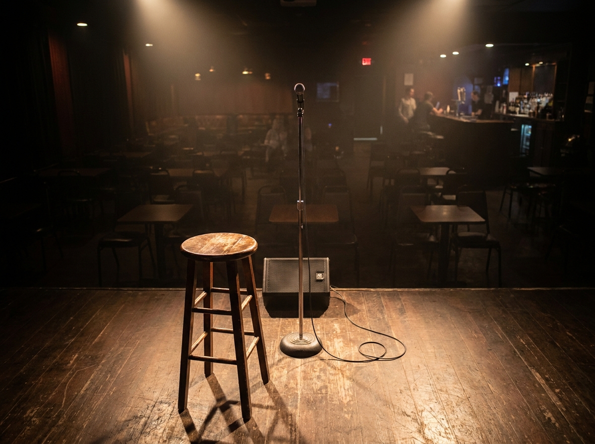A microphone and stool on an empty stage, waiting for a comedian.