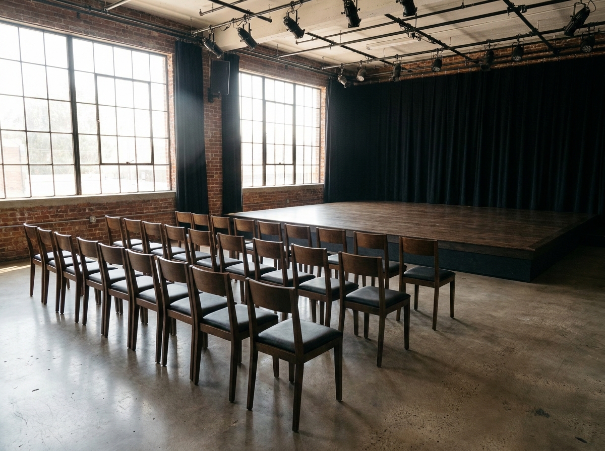 An empty black box theater in Boston, set up for a comedy night.