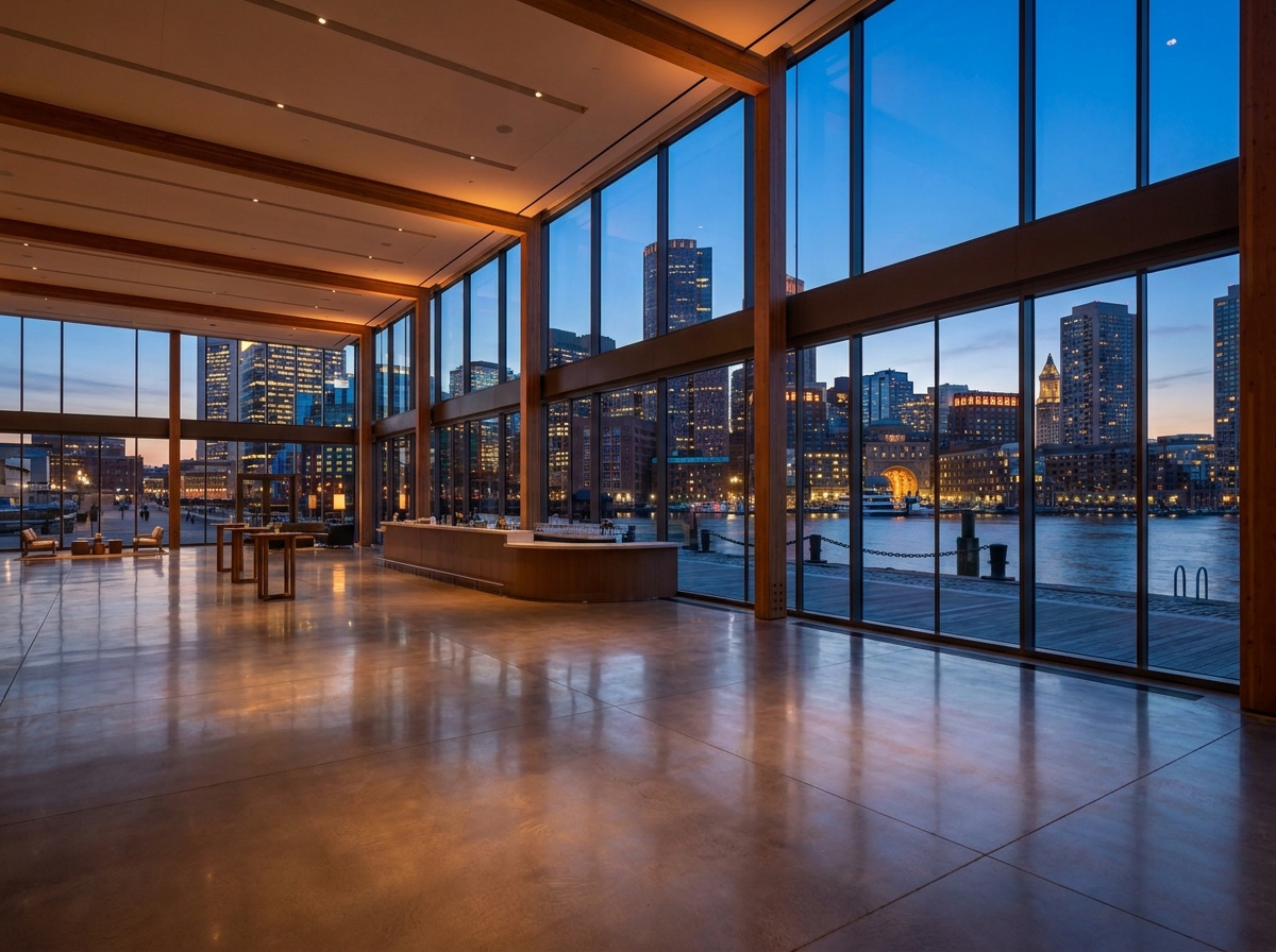 A modern waterfront event venue in Boston at dusk.
