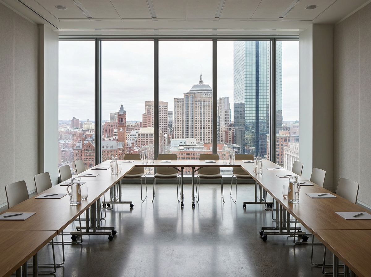 An empty conference room in Boston set for a professional event.