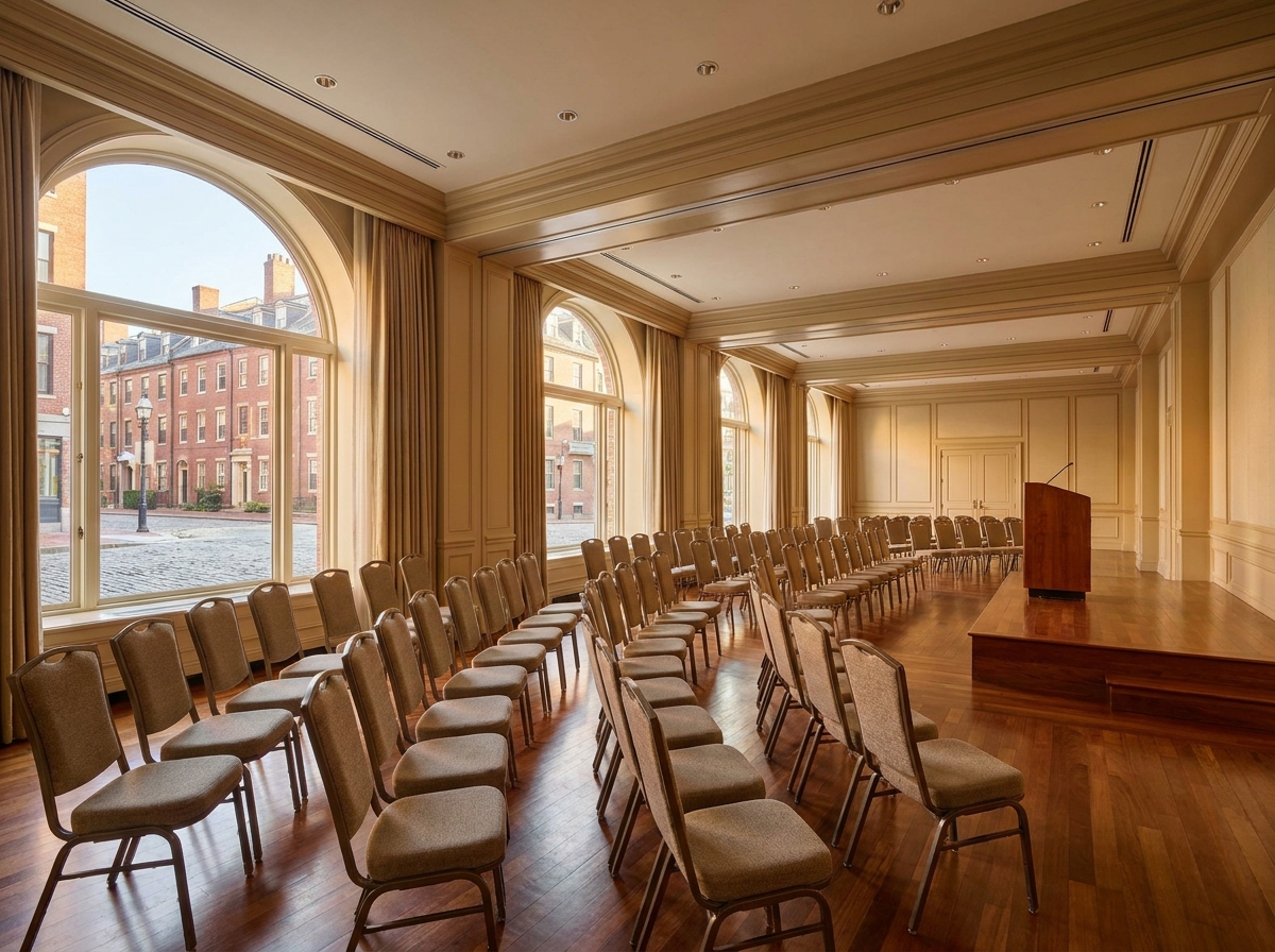 An empty hotel conference room set up for a business event in Boston.