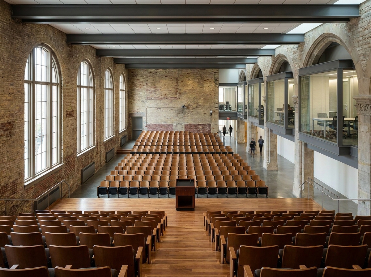 An empty university lecture hall prepared for a professional seminar.