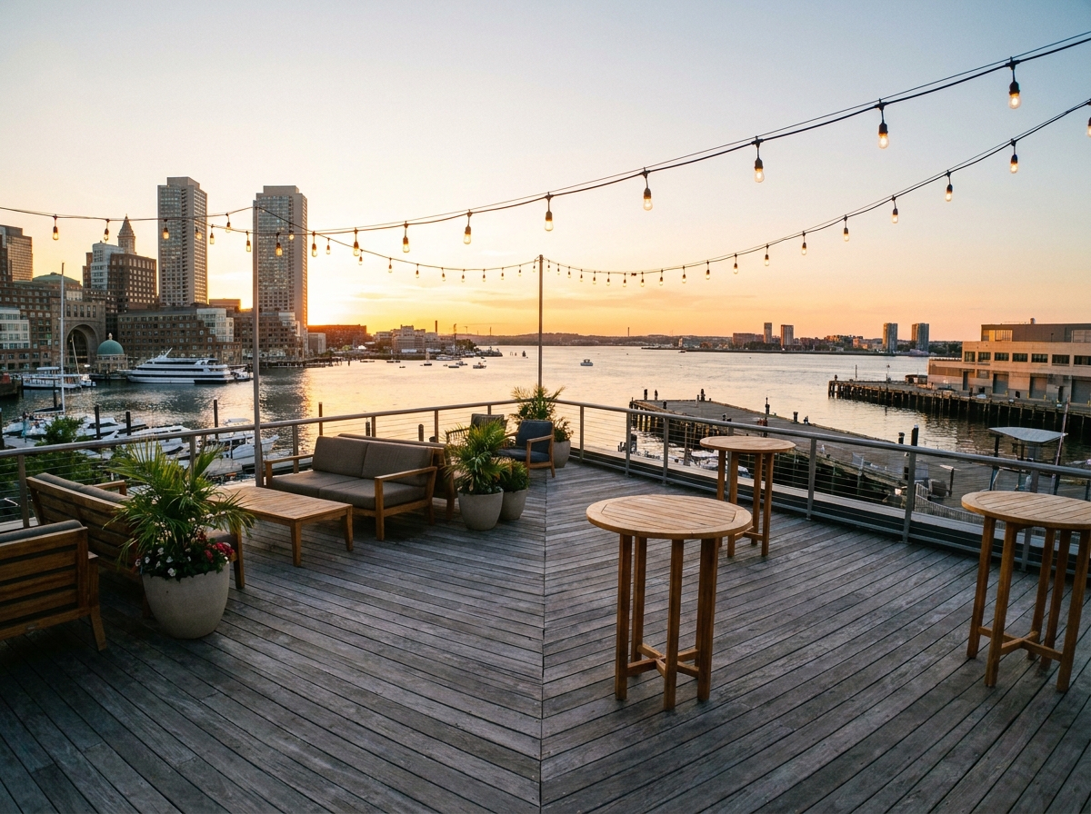 A rooftop venue in Boston set up for an evening networking event.