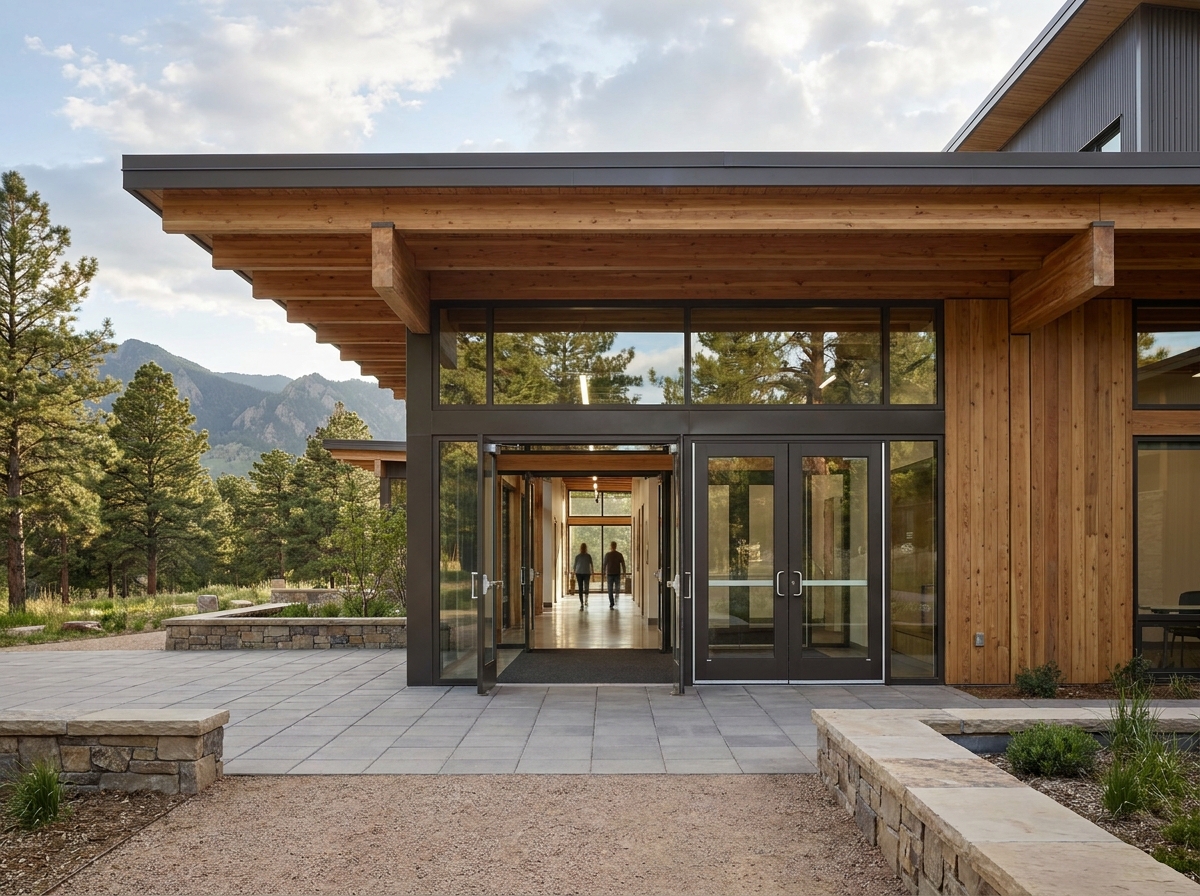 The entrance to a modern event venue in Boulder, CO.