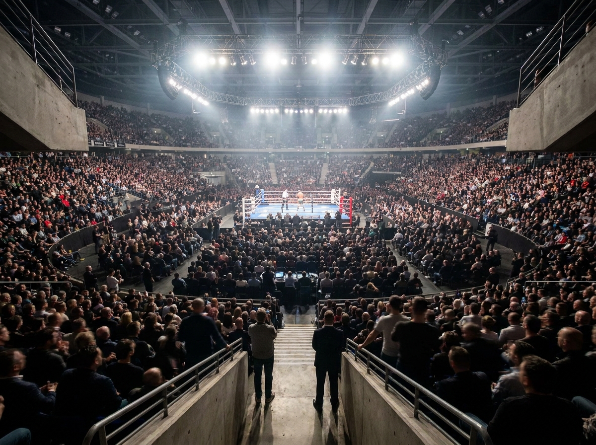 A large crowd fills an arena during a major fight night, viewed from a high angle.