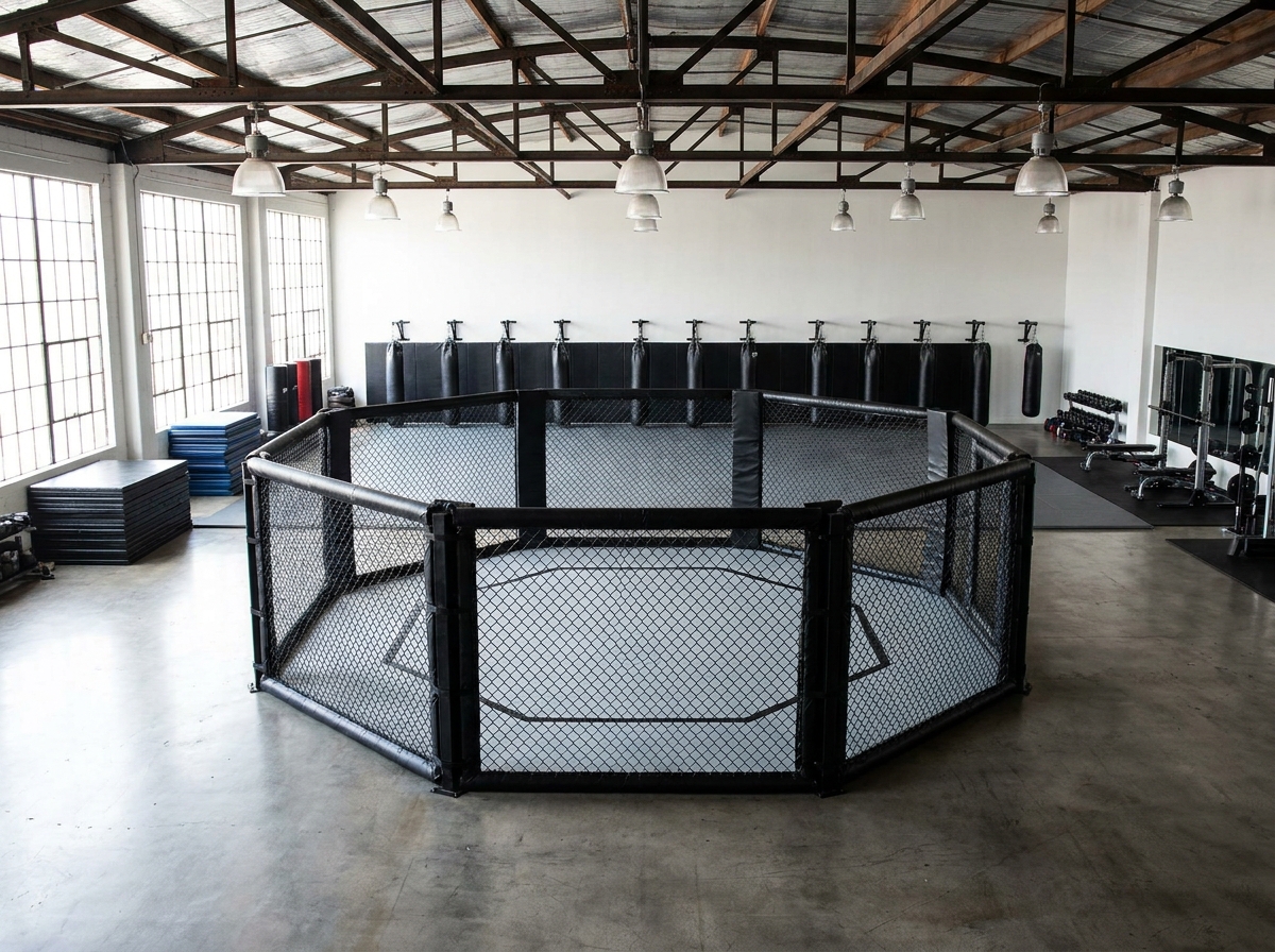 An empty MMA octagon in a gym, representing the preparation for a major combat sports event.