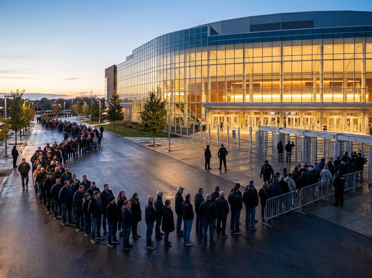 Fans lining up outside an arena, waiting for entry to a boxing or MMA event.