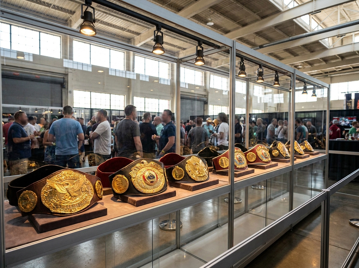 Championship belts for a boxing or MMA event displayed in a trophy case.