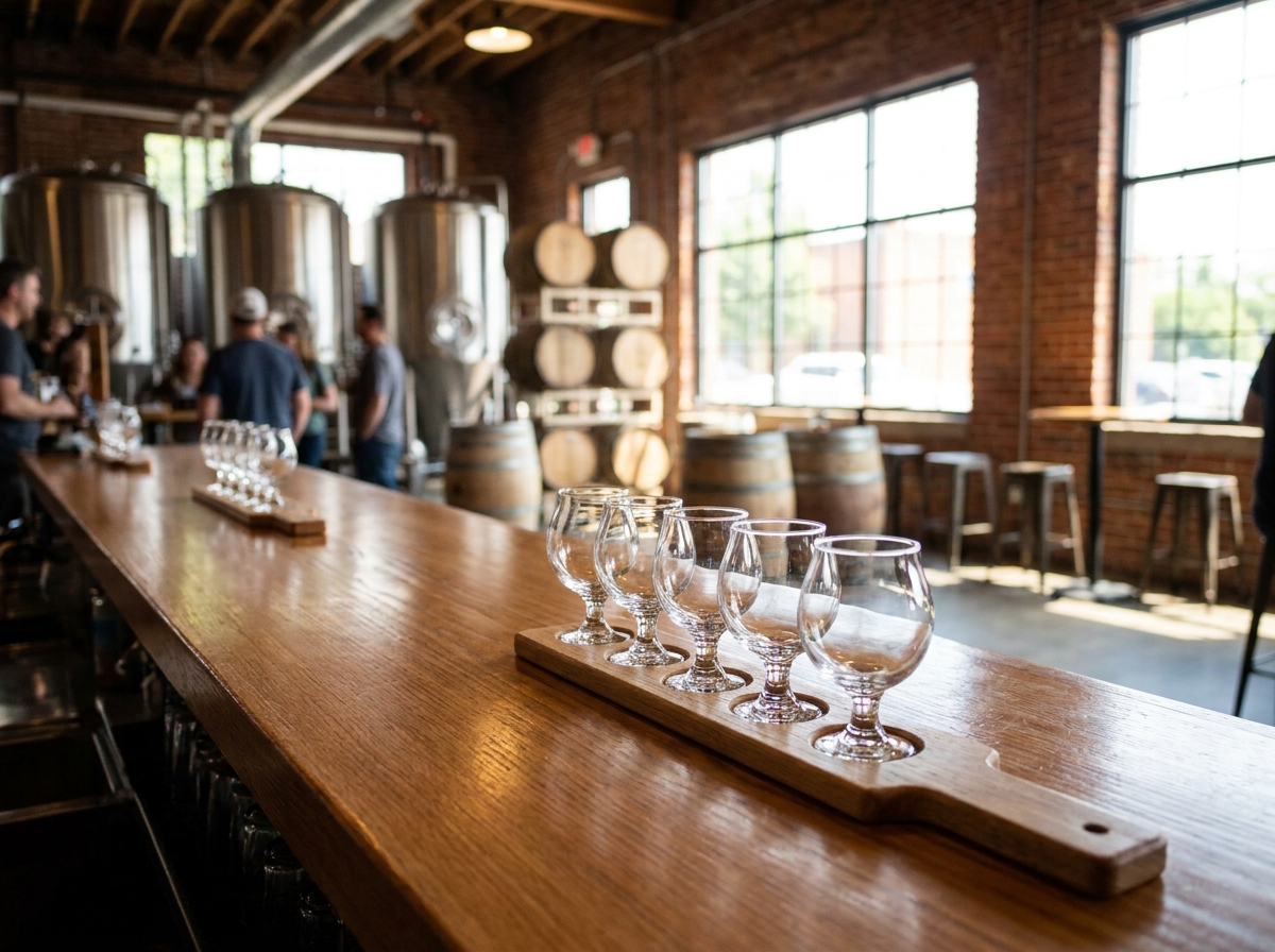 A row of branded tasting glasses lined up on a brewery bar.