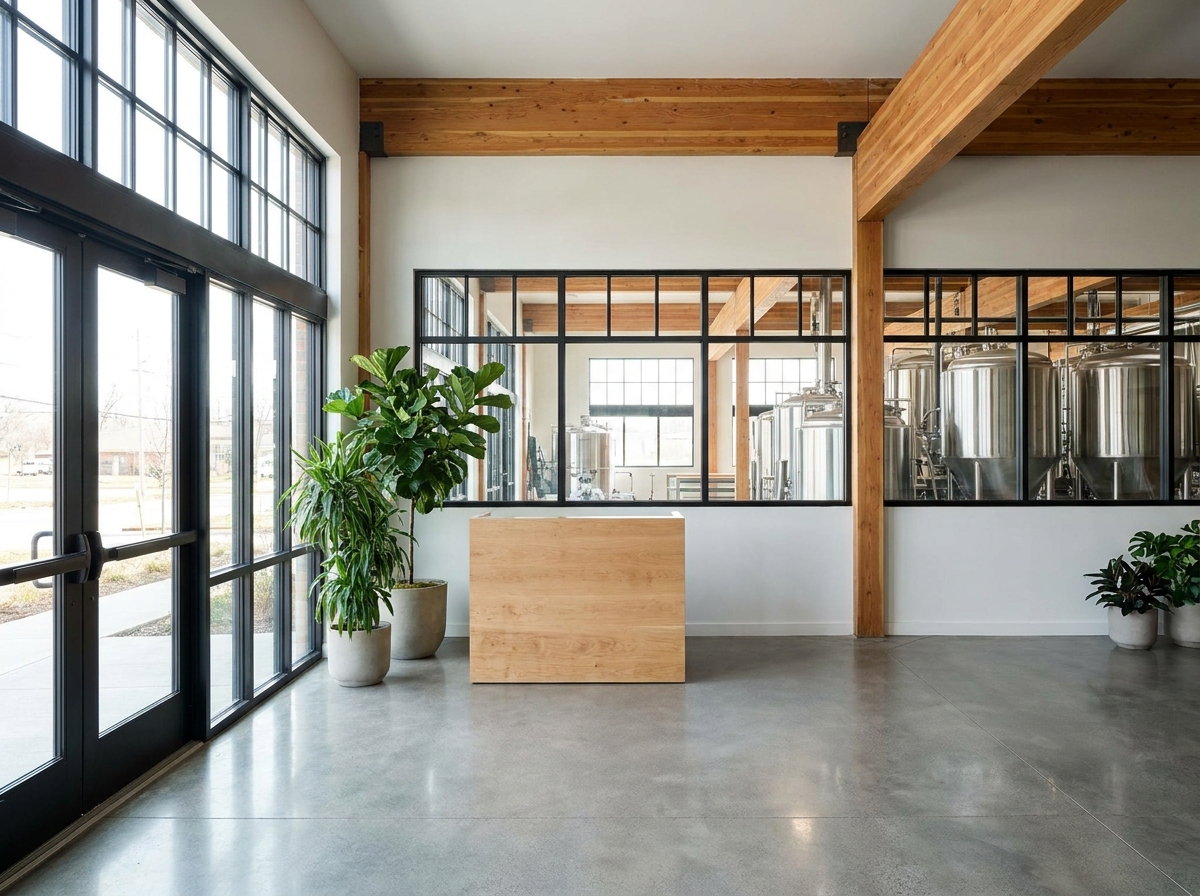 The welcoming and organized entrance area of a craft brewery.
