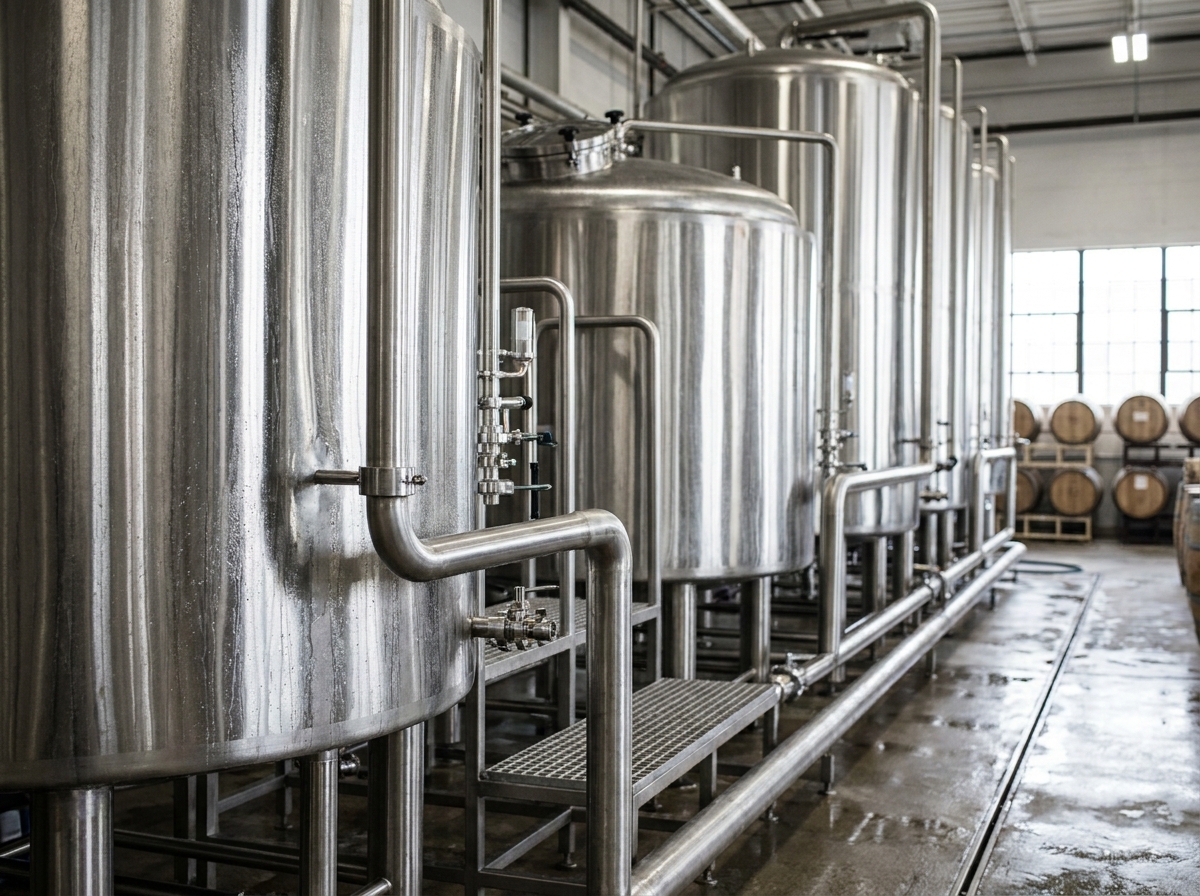 Gleaming stainless steel tanks used for brewing craft beer.