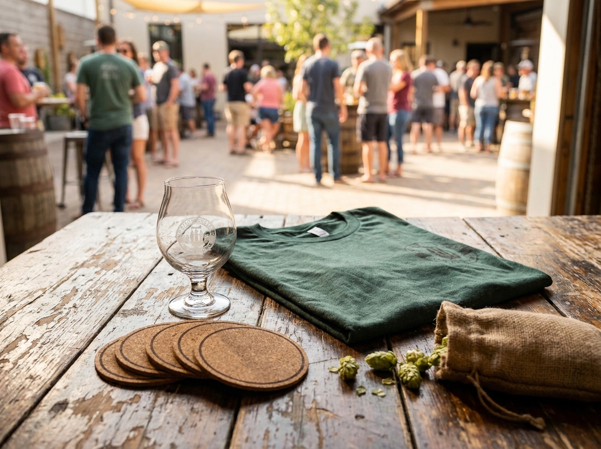 Branded merchandise from a brewery tour, including a glass and t-shirt.