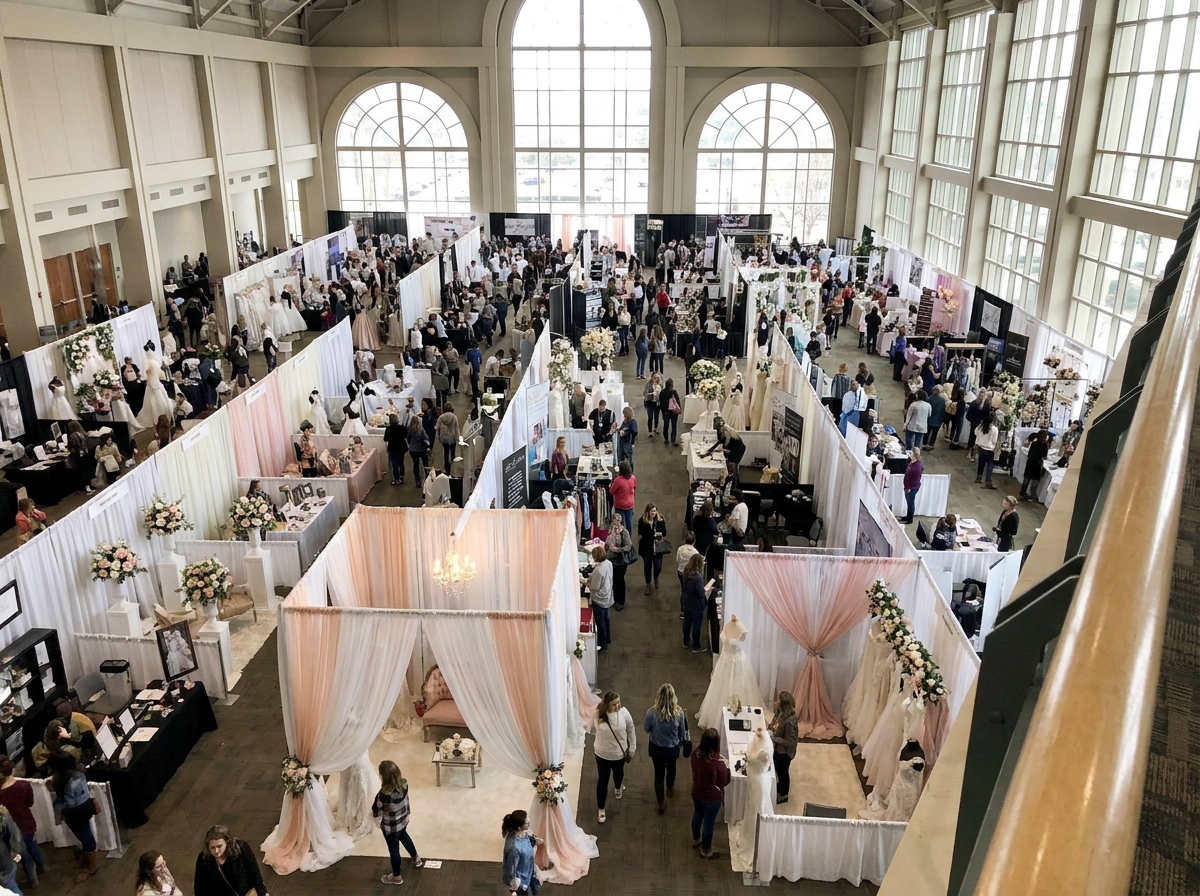 An overhead view of attendees browsing a busy bridal event.