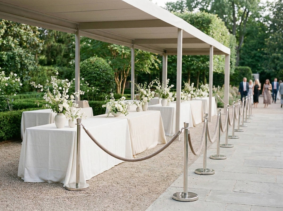 The calm and organized entrance to a bridal event before guests arrive.