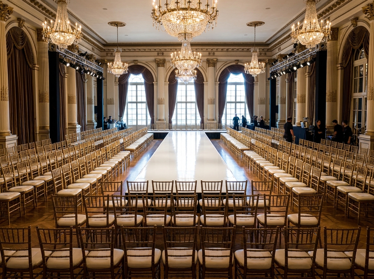 An empty runway and seating at a bridal fashion show, ready for the event to begin.