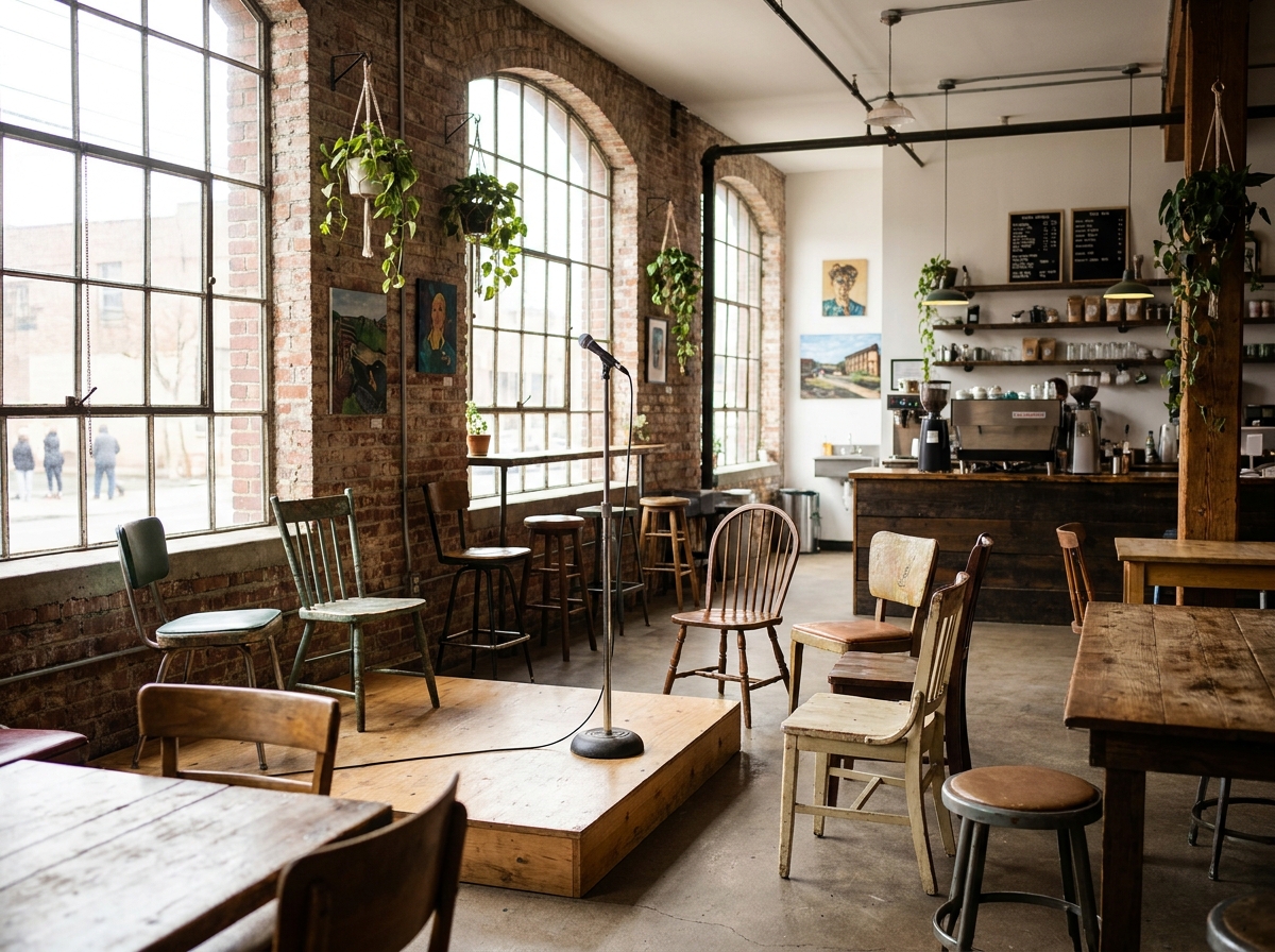 An intimate event space in Bridgeport prepared for a ticketed performance.
