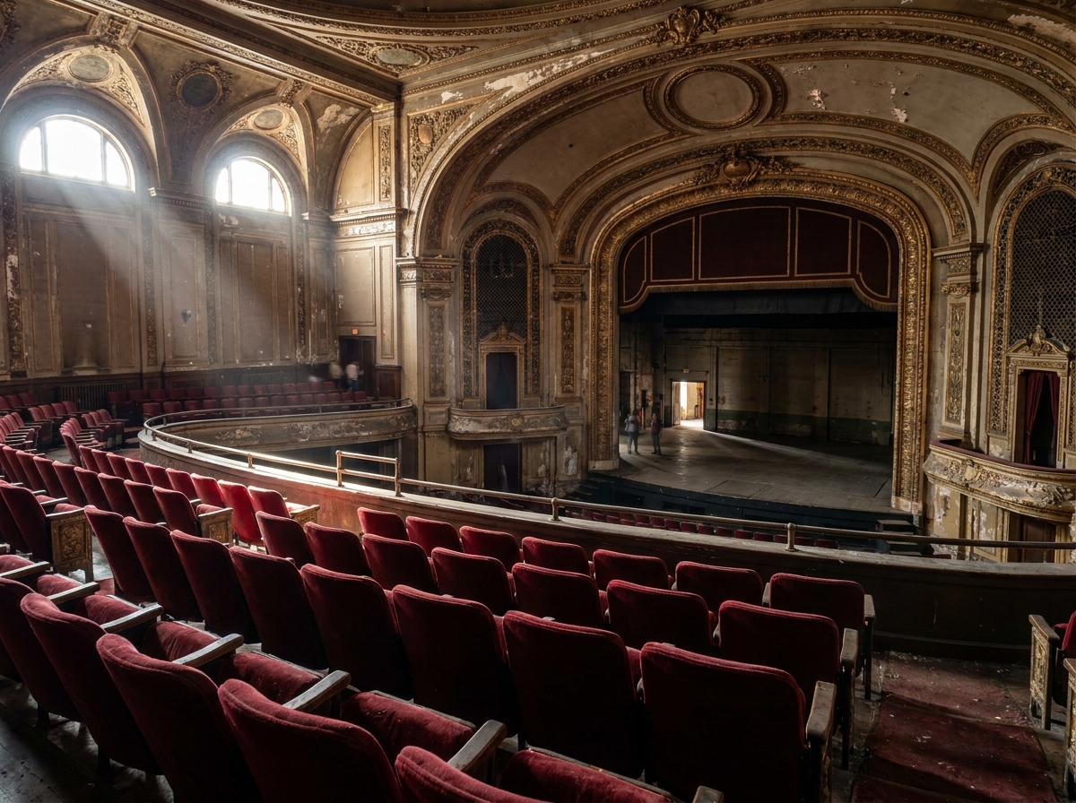 Empty seats in a classic Bridgeport theater, ready for a ticketed event.