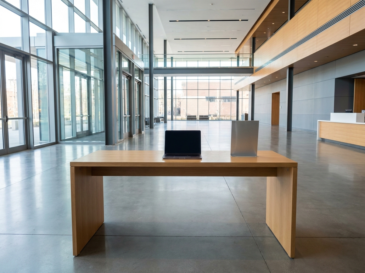 An event registration desk in Bridgeport, set up for ticket scanning and on-site sales.