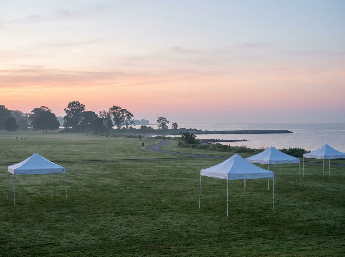 An outdoor festival area in a Bridgeport park being set up for an event.