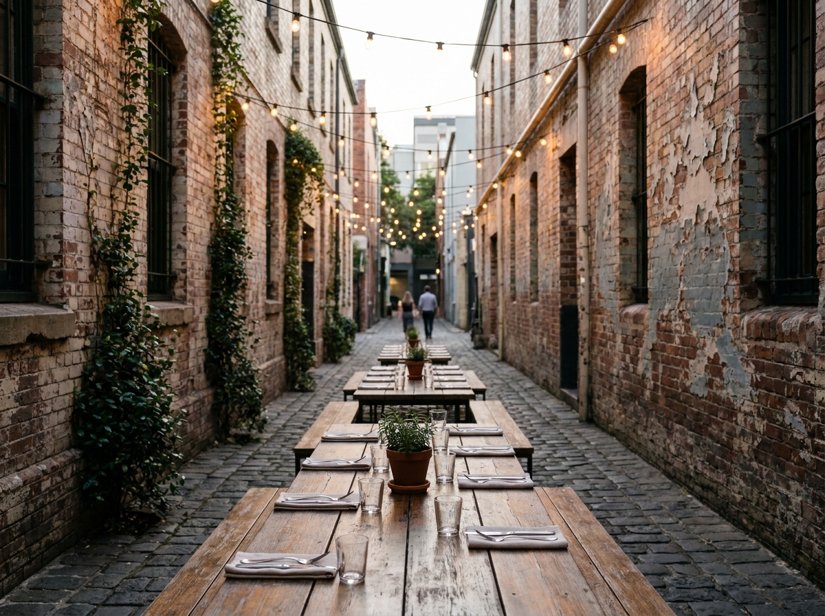 An empty laneway event space in Brisbane ready for guests.
