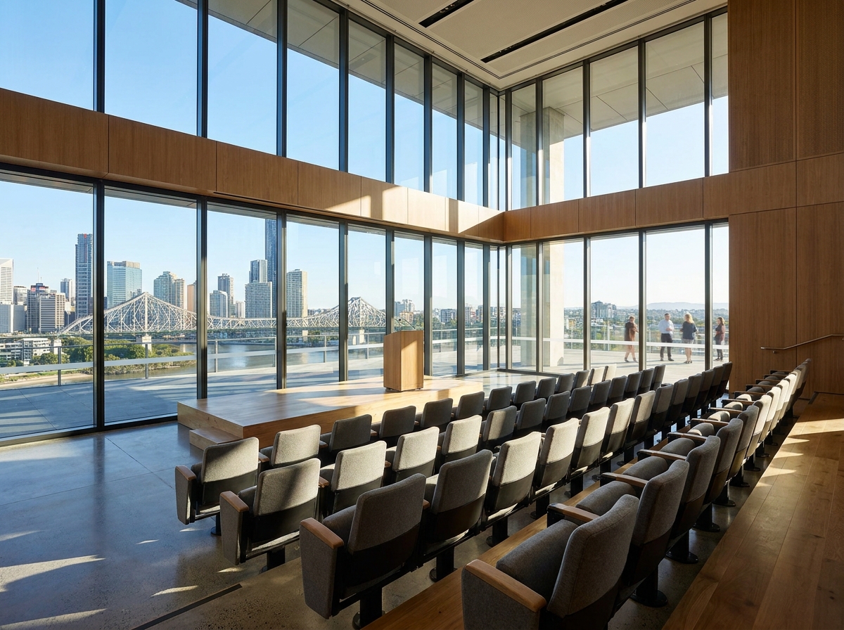 An empty conference room in Brisbane set for a corporate event.