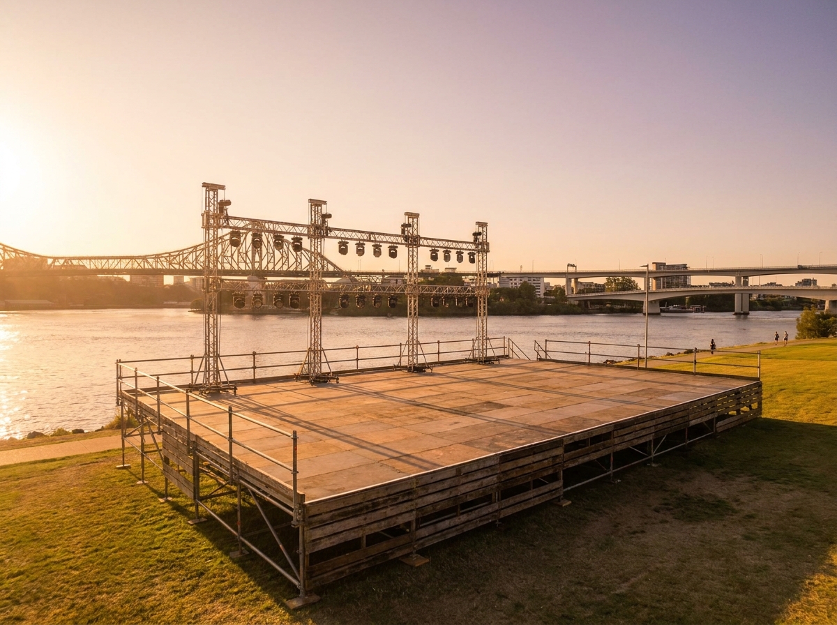 An empty riverside stage in Brisbane prepared for a concert.